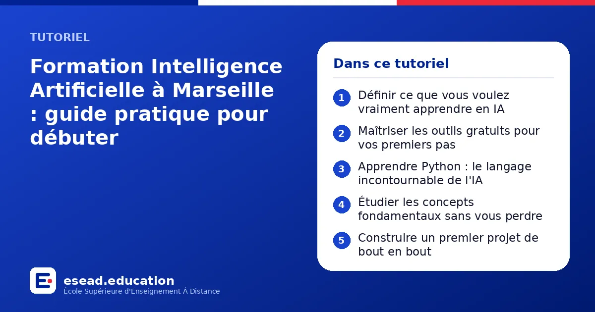 Infographie : Formation Intelligence Artificielle à Marseille : guide pratique pour débuter — 1. Définir ce que vous voulez vraiment apprendre en IA ; 2. Maîtriser les outils gratuits pour vos premiers pas ; 3. Apprendre Python : le langage