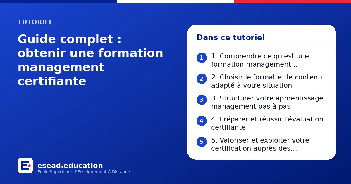 Infographie : Guide complet : obtenir une formation management certifiante — 1. 1. Comprendre ce qu'est une formation management certifiante ; 2. 2. Choisir le format et le contenu adapté à votre situation ; 3. 3. Structurer votre apprentis