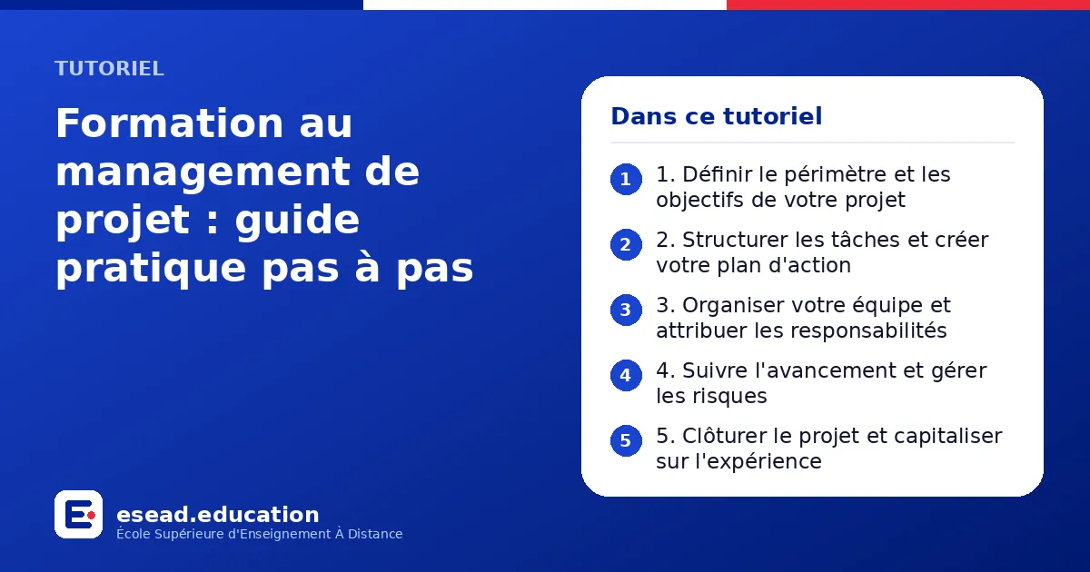 Infographie : Formation au management de projet : guide pratique pas à pas — 1. 1. Définir le périmètre et les objectifs de votre projet ; 2. 2. Structurer les tâches et créer votre plan d'action ; 3. 3. Organiser votre équipe et attribuer