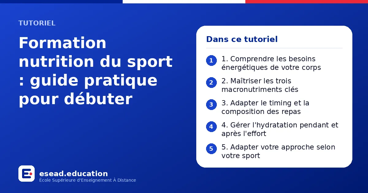 Infographie : Formation nutrition du sport : guide pratique pour débuter — 1. 1. Comprendre les besoins énergétiques de votre corps ; 2. 2. Maîtriser les trois macronutriments clés ; 3. 3. Adapter le timing et la composition des repas ; 4. 