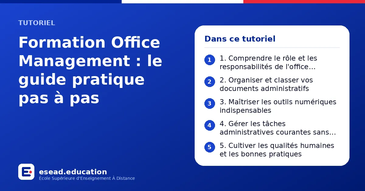 Infographie : Formation Office Management : le guide pratique pas à pas — 1. 1. Comprendre le rôle et les responsabilités de l'office manager ; 2. 2. Organiser et classer vos documents administratifs ; 3. 3. Maîtriser les outils numériques
