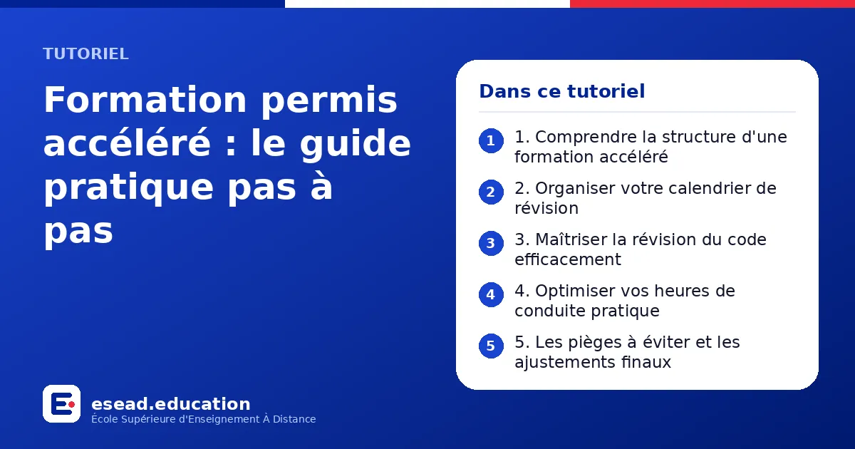 Infographie : Formation permis accéléré : le guide pratique pas à pas — 1. 1. Comprendre la structure d'une formation accéléré ; 2. 2. Organiser votre calendrier de révision ; 3. 3. Maîtriser la révision du code efficacement ; 4. 4. Optimis