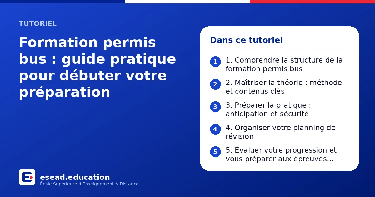Infographie : Formation permis bus : guide pratique pour débuter votre préparation — 1. 1. Comprendre la structure de la formation permis bus ; 2. 2. Maîtriser la théorie : méthode et contenus clés ; 3. 3. Préparer la pratique : anticipatio