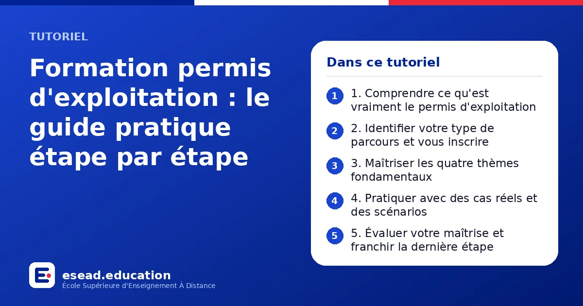 Infographie : Formation permis d'exploitation : le guide pratique étape par étape — 1. 1. Comprendre ce qu'est vraiment le permis d'exploitation ; 2. 2. Identifier votre type de parcours et vous inscrire ; 3. 3. Maîtriser les quatre thèmes