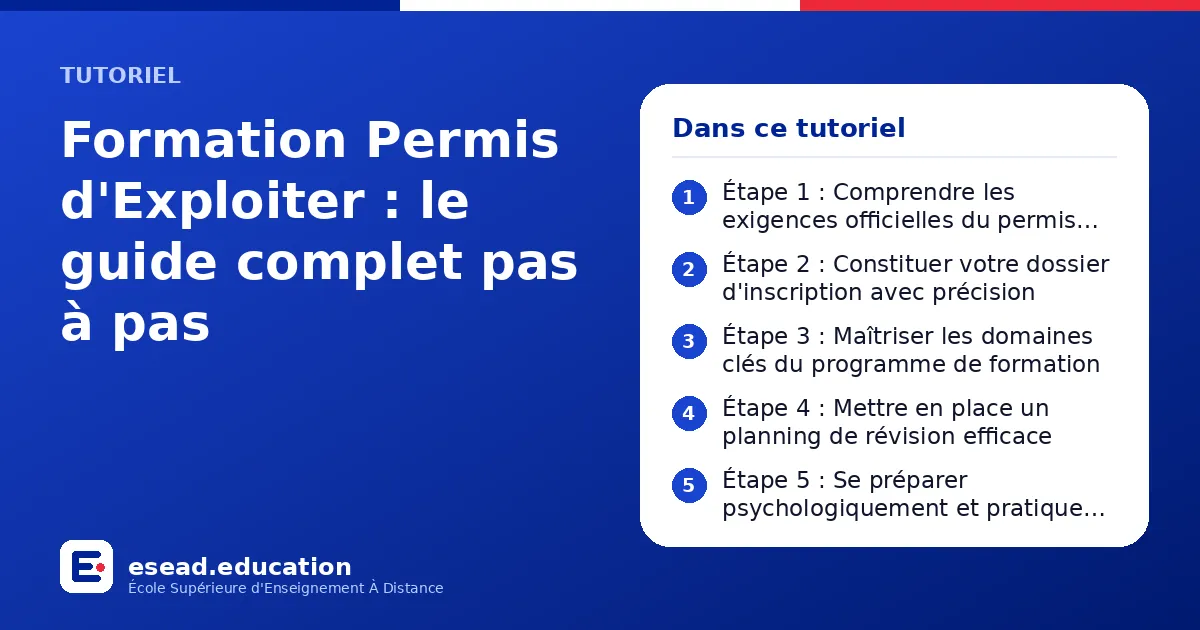 Infographie : Formation Permis d'Exploiter : le guide complet pas à pas — 1. Étape 1 : Comprendre les exigences officielles du permis d'exploiter ; 2. Étape 2 : Constituer votre dossier d'inscription avec précision ; 3. Étape 3 : Maîtriser