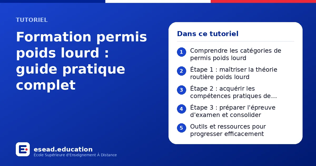 Infographie : Formation permis poids lourd : guide pratique complet — 1. Comprendre les catégories de permis poids lourd ; 2. Étape 1 : maîtriser la théorie routière poids lourd ; 3. Étape 2 : acquérir les compétences pratiques de conduite