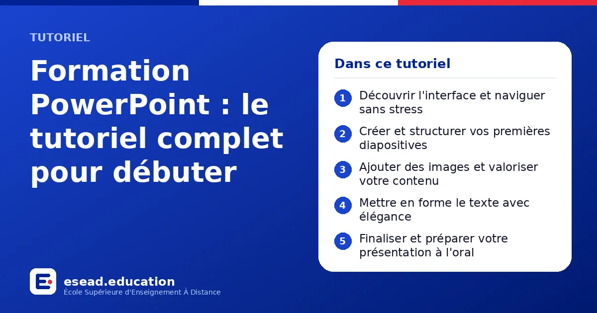 Infographie : Formation PowerPoint : le tutoriel complet pour débuter — 1. Découvrir l'interface et naviguer sans stress ; 2. Créer et structurer vos premières diapositives ; 3. Ajouter des images et valoriser votre contenu ; 4. Mettre en f