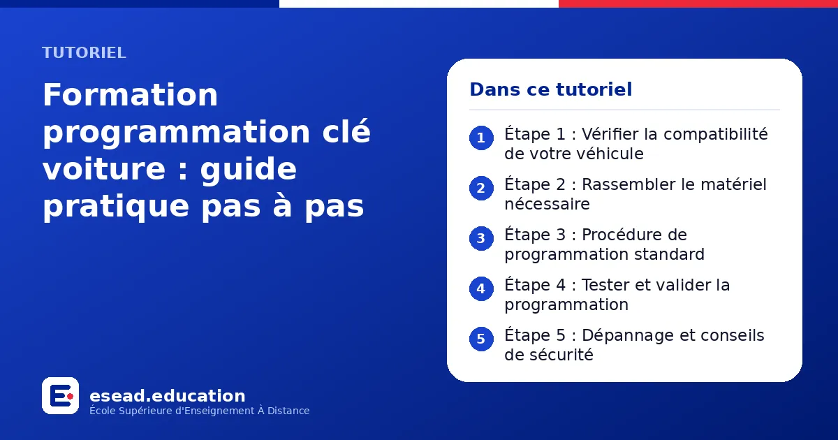 Infographie : Formation programmation clé voiture : guide pratique pas à pas — 1. Étape 1 : Vérifier la compatibilité de votre véhicule ; 2. Étape 2 : Rassembler le matériel nécessaire ; 3. Étape 3 : Procédure de programmation standard ; 4.