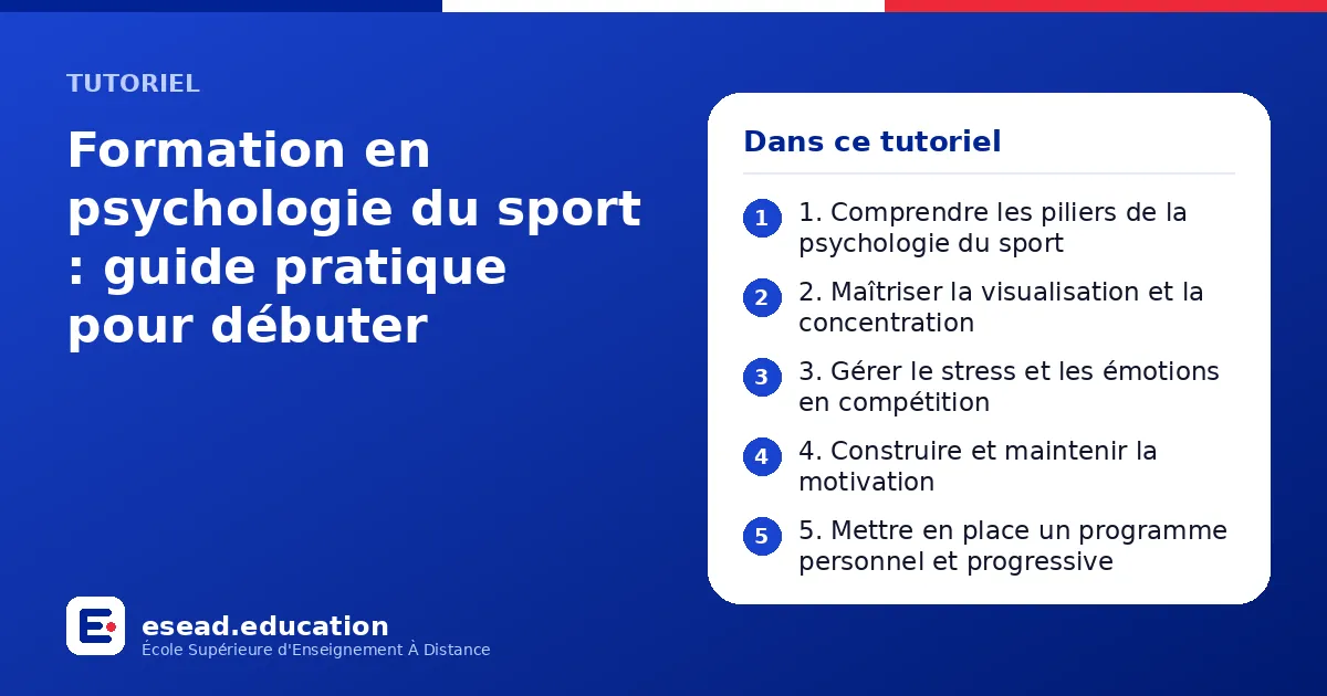 Infographie : Formation en psychologie du sport : guide pratique pour débuter — 1. 1. Comprendre les piliers de la psychologie du sport ; 2. 2. Maîtriser la visualisation et la concentration ; 3. 3. Gérer le stress et les émotions en compét