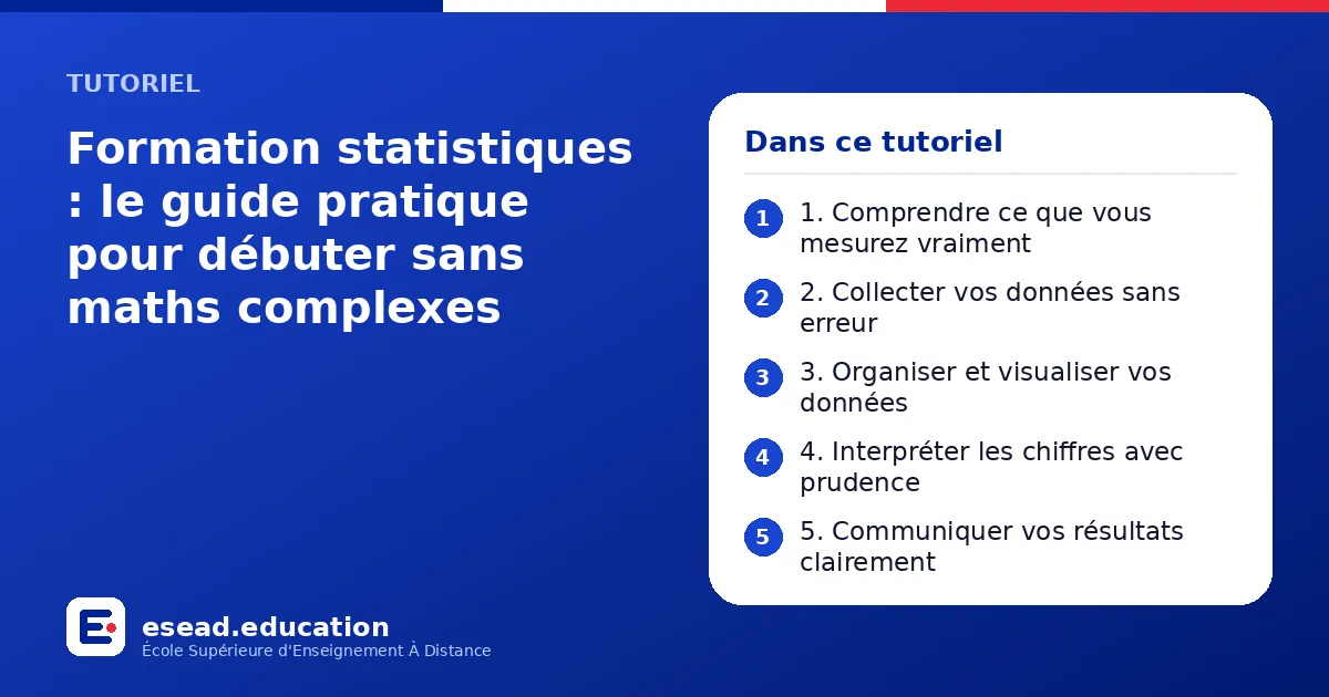 Infographie : Formation statistiques : le guide pratique pour débuter sans maths complexes — 1. 1. Comprendre ce que vous mesurez vraiment ; 2. 2. Collecter vos données sans erreur ; 3. 3. Organiser et visualiser vos données ; 4. 4. Interpr