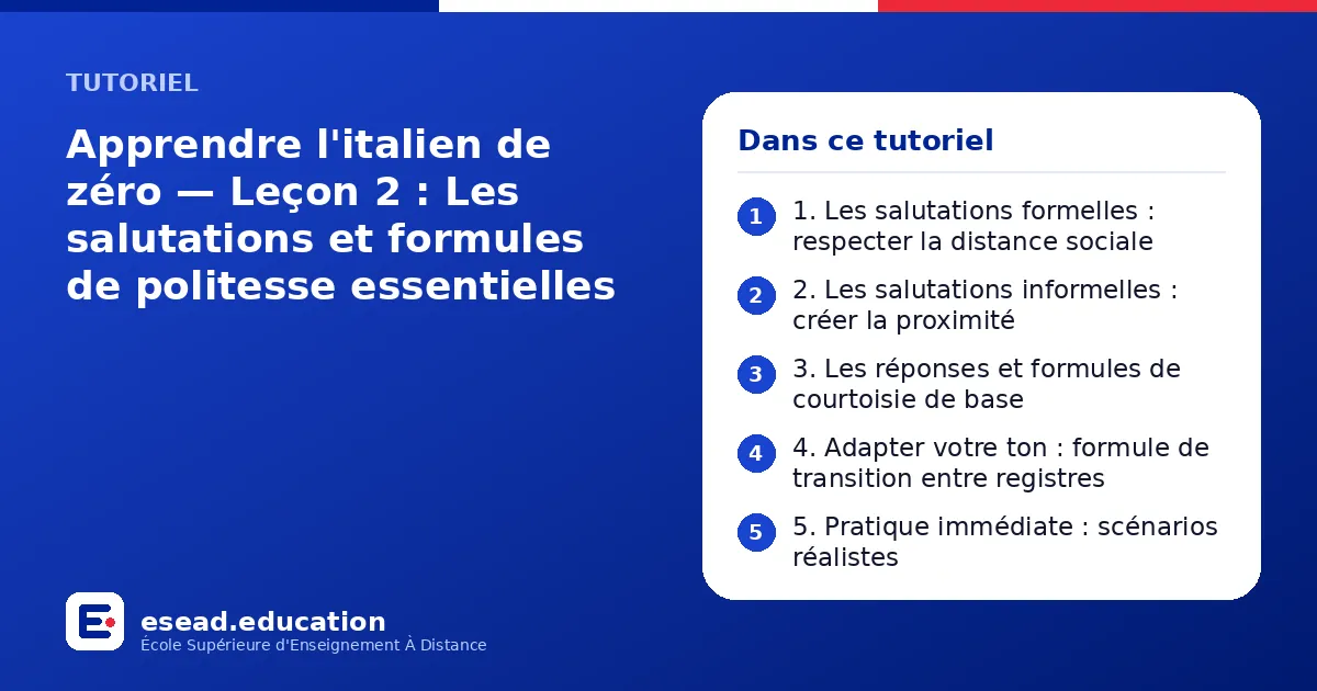 Infographie : Apprendre l'italien de zéro — Leçon 2 : Les salutations et formules de politesse essentielles — 1. 1. Les salutations formelles : respecter la distance sociale ; 2. 2. Les salutations informelles : créer la proximité ; 3. 3. L