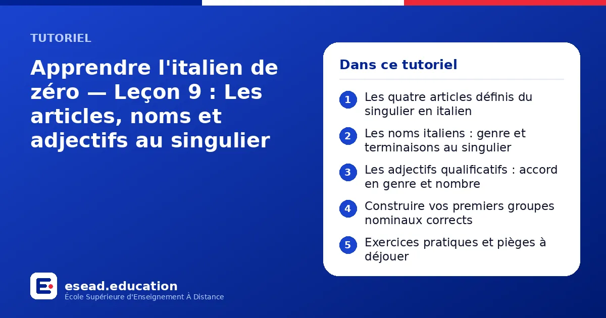 Infographie : Apprendre l'italien de zéro — Leçon 9 : Les articles, noms et adjectifs au singulier — 1. Les quatre articles définis du singulier en italien ; 2. Les noms italiens : genre et terminaisons au singulier ; 3. Les adjectifs quali