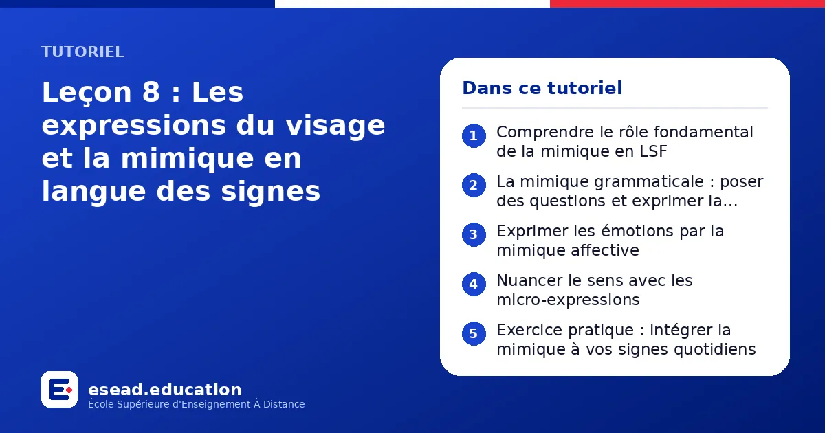 Infographie : Leçon 8 : Les expressions du visage et la mimique en langue des signes — 1. Comprendre le rôle fondamental de la mimique en LSF ; 2. La mimique grammaticale : poser des questions et exprimer la négation ; 3. Exprimer les émoti