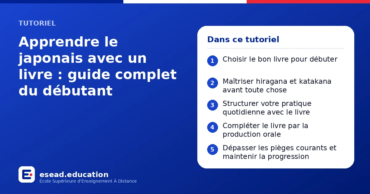 Infographie : Apprendre le japonais avec un livre : guide complet du débutant — 1. Choisir le bon livre pour débuter ; 2. Maîtriser hiragana et katakana avant toute chose ; 3. Structurer votre pratique quotidienne avec le livre ; 4. Complét