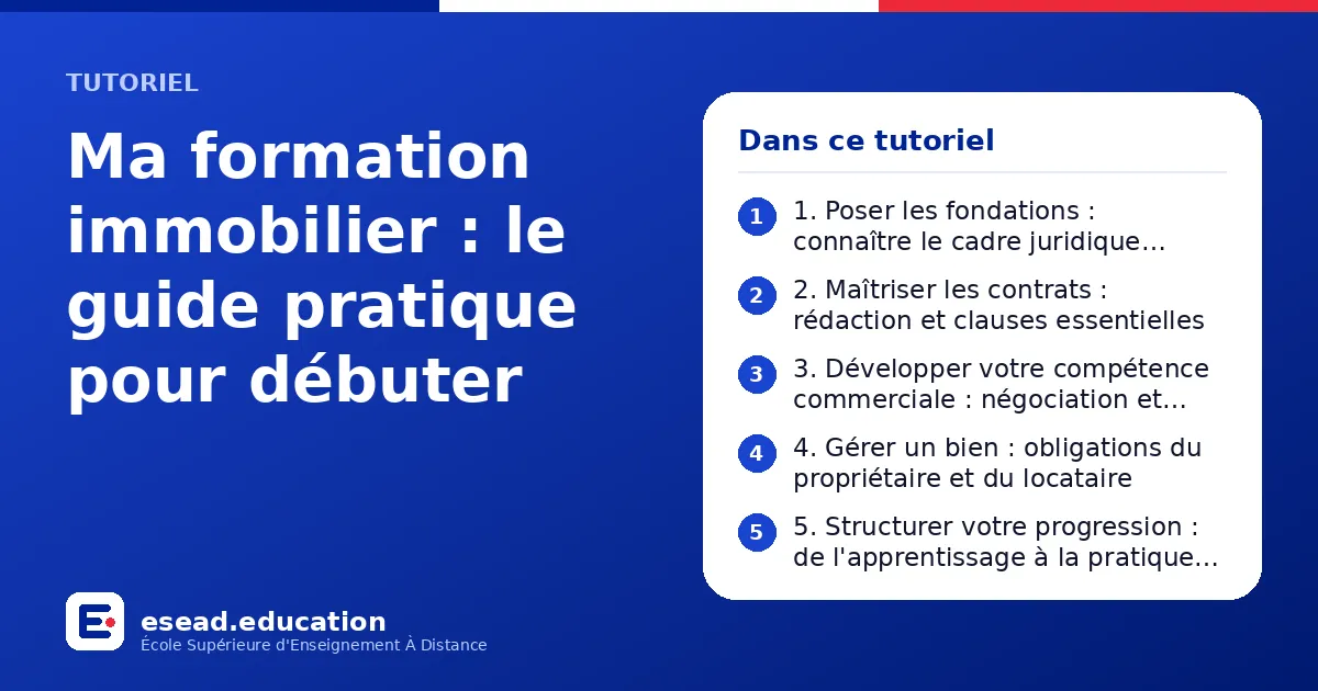 Infographie : Ma formation immobilier : le guide pratique pour débuter — 1. 1. Poser les fondations : connaître le cadre juridique immobilier ; 2. 2. Maîtriser les contrats : rédaction et clauses essentielles ; 3. 3. Développer votre compét