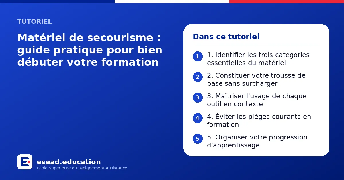 Infographie : Matériel de secourisme : guide pratique pour bien débuter votre formation — 1. 1. Identifier les trois catégories essentielles du matériel ; 2. 2. Constituer votre trousse de base sans surcharger ; 3. 3. Maîtriser l'usage de c