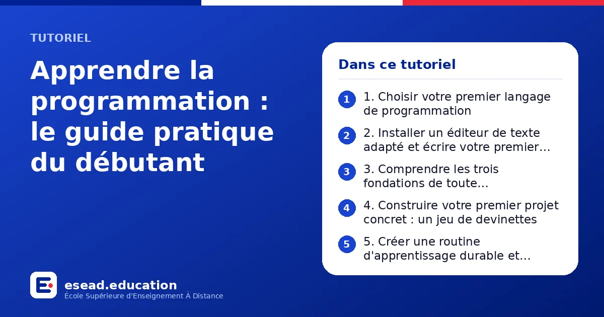Infographie : Apprendre la programmation : le guide pratique du débutant — 1. 1. Choisir votre premier langage de programmation ; 2. 2. Installer un éditeur de texte adapté et écrire votre premier code ; 3. 3. Comprendre les trois fondation