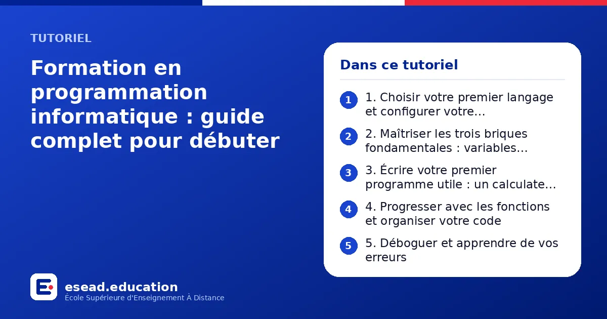 Infographie : Formation en programmation informatique : guide complet pour débuter — 1. 1. Choisir votre premier langage et configurer votre environnement ; 2. 2. Maîtriser les trois briques fondamentales : variables, conditions et boucles 