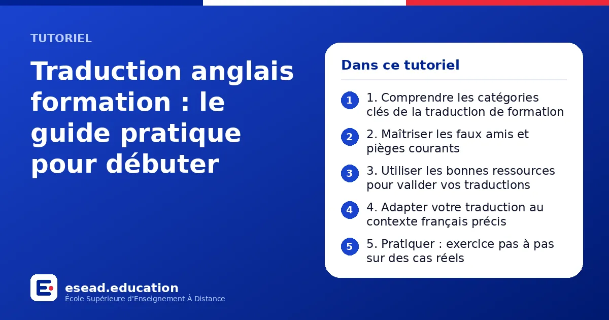 Infographie : Traduction anglais formation : le guide pratique pour débuter — 1. 1. Comprendre les catégories clés de la traduction de formation ; 2. 2. Maîtriser les faux amis et pièges courants ; 3. 3. Utiliser les bonnes ressources pour