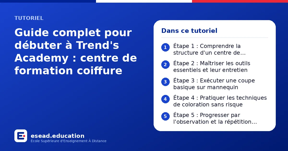 Infographie : Guide complet pour débuter à Trend's Academy : centre de formation coiffure — 1. Étape 1 : Comprendre la structure d'un centre de formation coiffure ; 2. Étape 2 : Maîtriser les outils essentiels et leur entretien ; 3. Étape 3